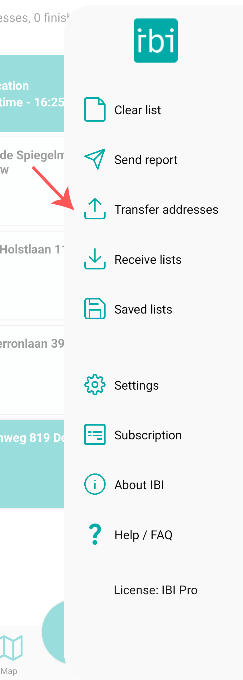 Click on transfer addresses in the side menu