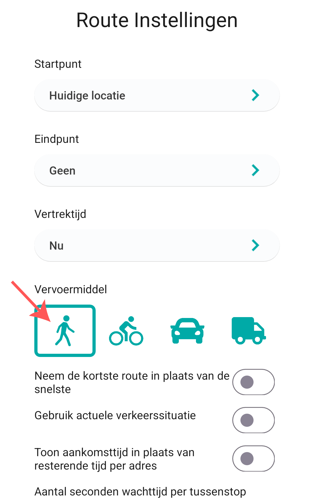 Selecteer het vervoermiddel: Lopen, fiets, auto of vrachtwagen