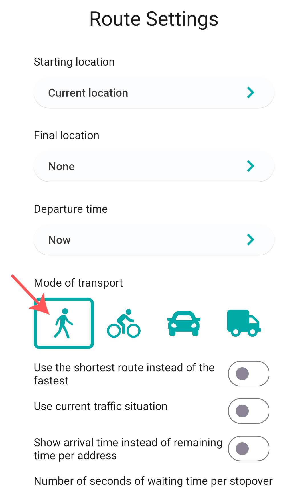 Select your preferred mode of transport: Walking, bike, car or truck