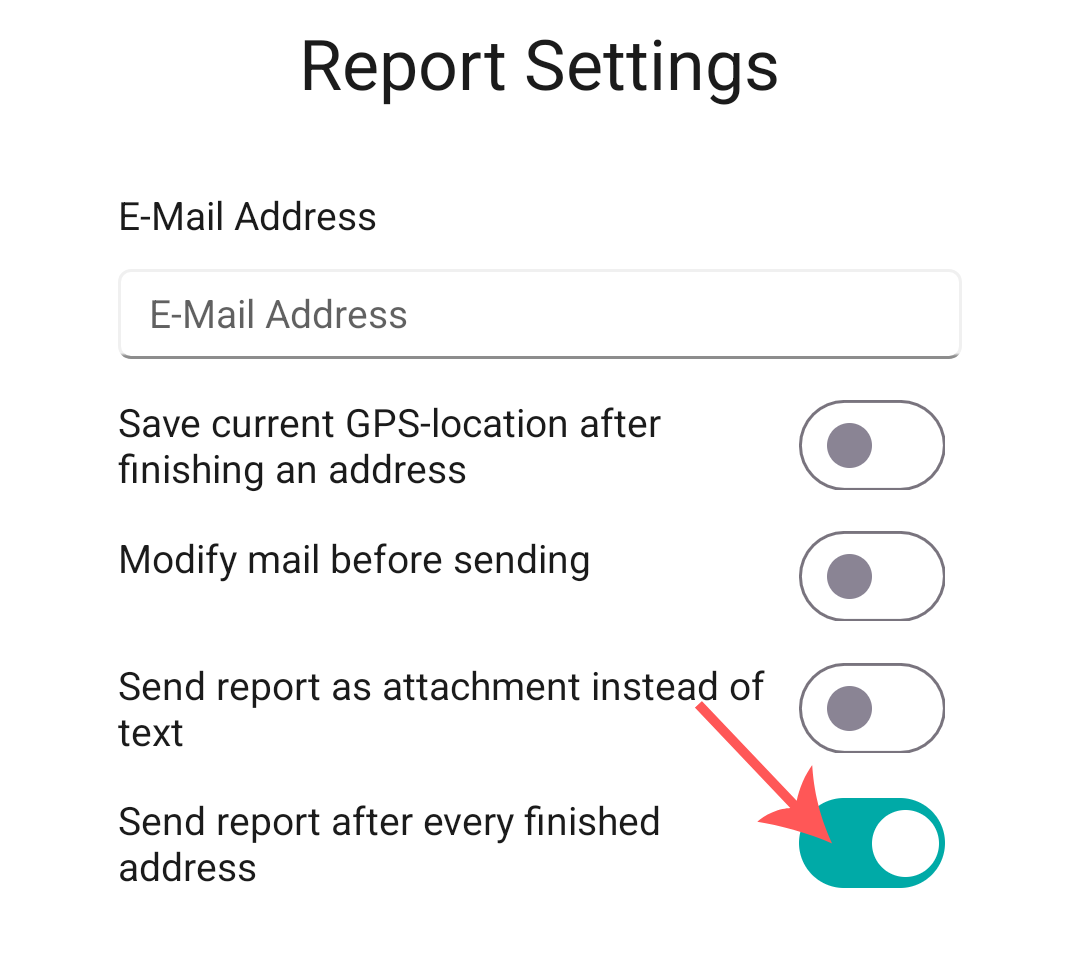 Enable 'send report after every finished address'