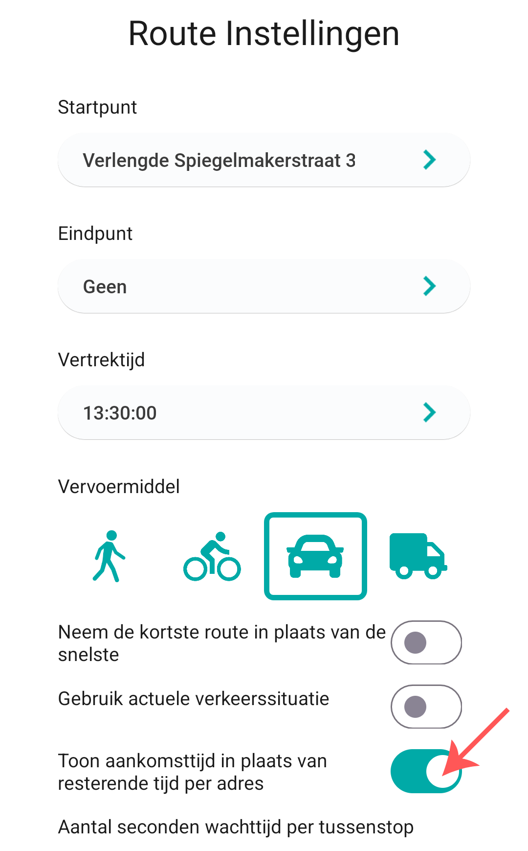 Zet toon aankomsttijd in plaats van resterende tijd per adres aan