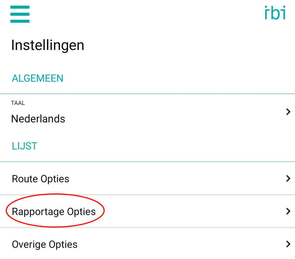 IBI Instellingen Rapportage Opties