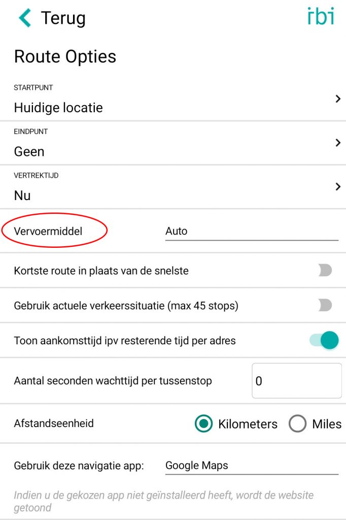 Route Opties - Vervoermiddel