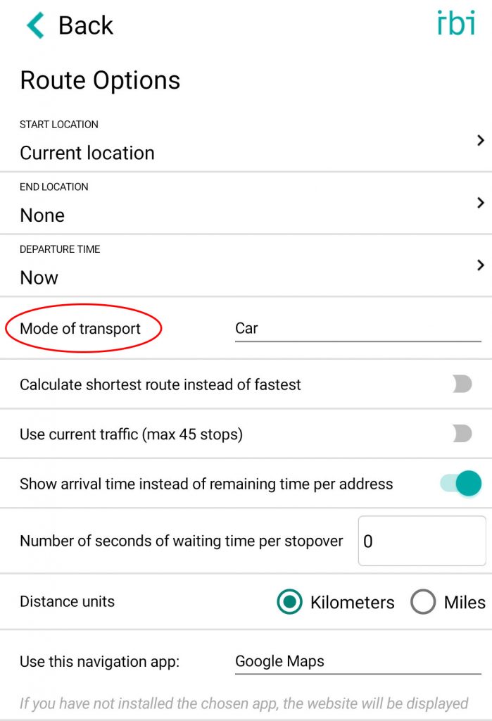 Route Options - mode of transport