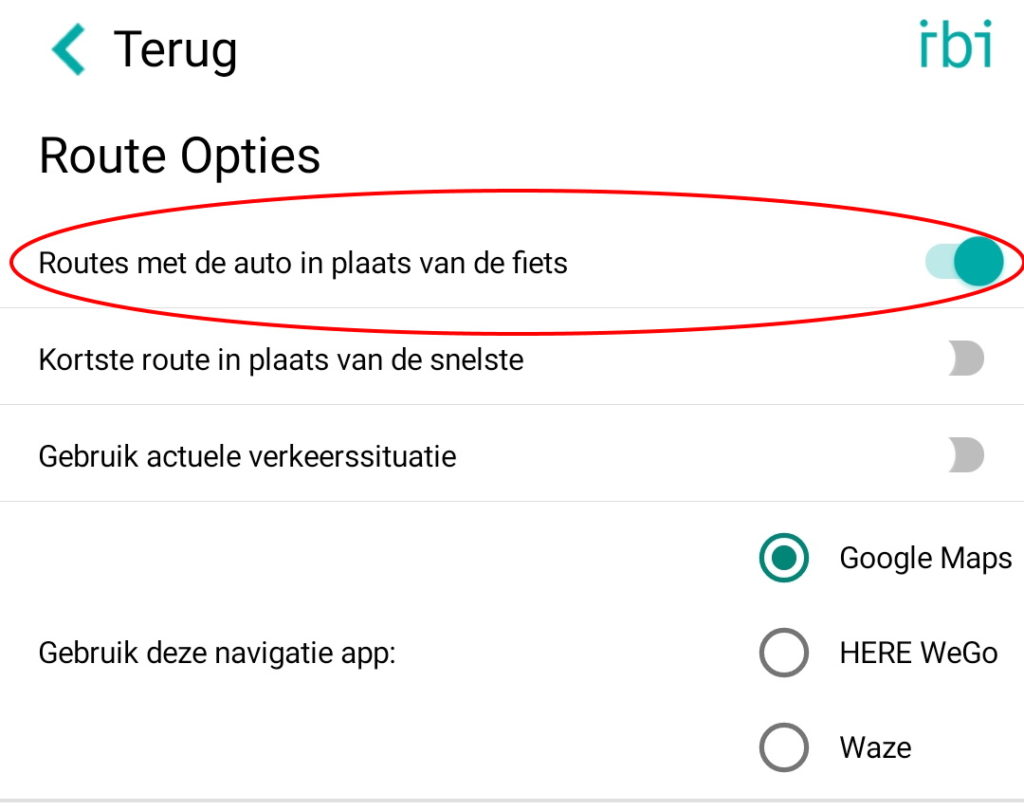 Route opties - vervoermiddel