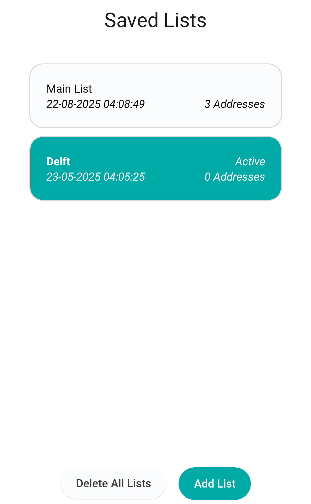 The new list has been added to the saved lists page