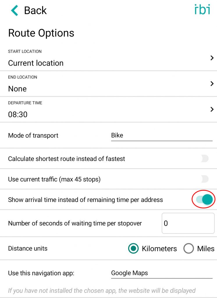 route options - arrival time - en